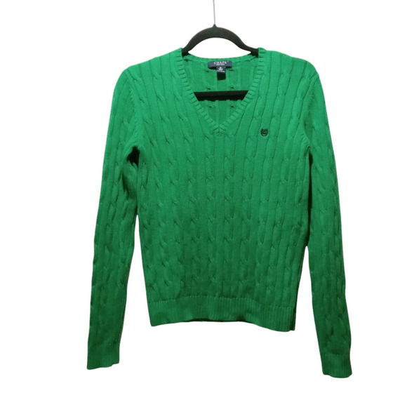 Chaps Green Cable Knit Ribbed V-Neck Sweater w/ Crest Logo Embroidered Medium - Picture 1 of 7